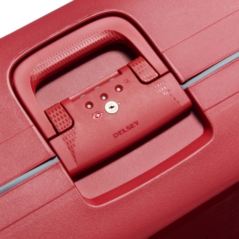 چمدان-دلسی-مدل-moncey-قرمز-384482004-نمای-دسته-و-قفل-چمدان